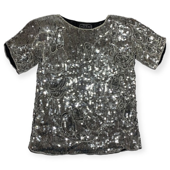 Vintage 80s Jean for Joseph Le Bon Sequin Beaded Silk Blouse Small Silver Black - Picture 1 of 11